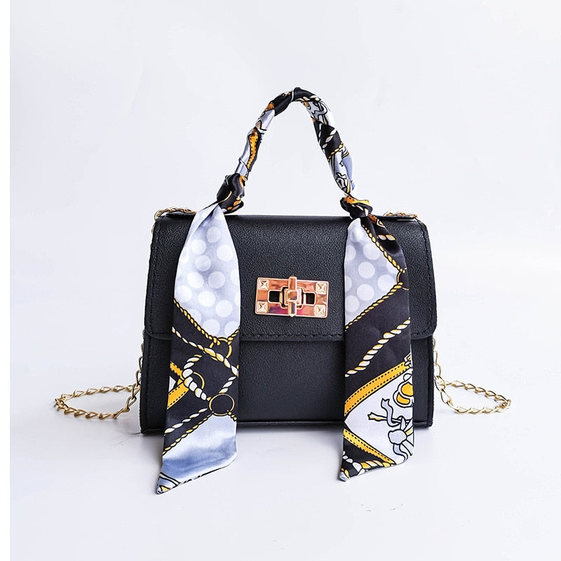 small square PU crossbody bag with silk scarf and lock
