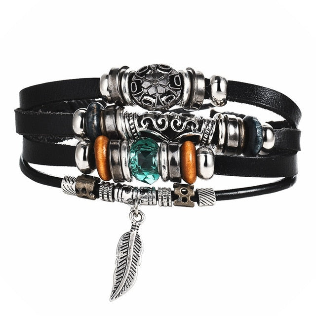 Multilayer leather wrap bracelets with stone beads and charms