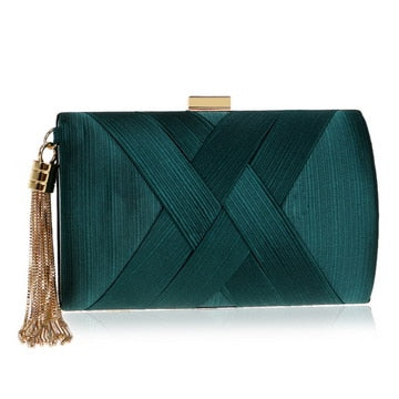 golden satin evening clutch with tassel and chain