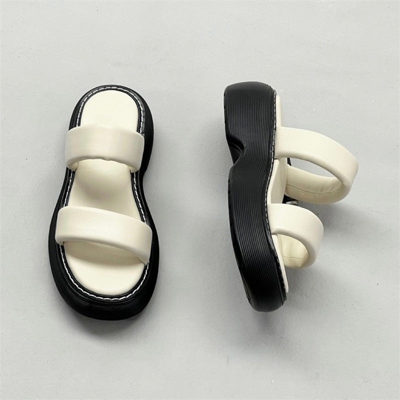 Thick-soled sandals, platform comfortable outer wear, genuine leather strappy for women.