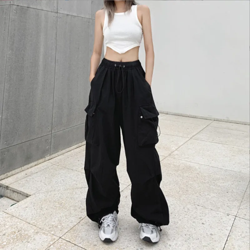 Baggy cargo parachute pants with adjustable waist