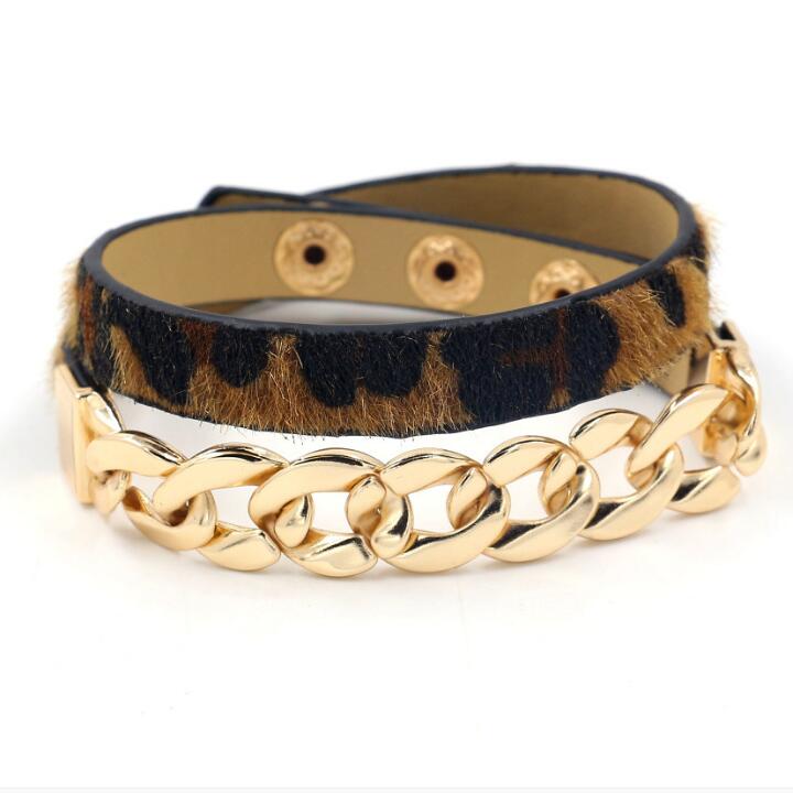 Leopard-print leather bracelet with button