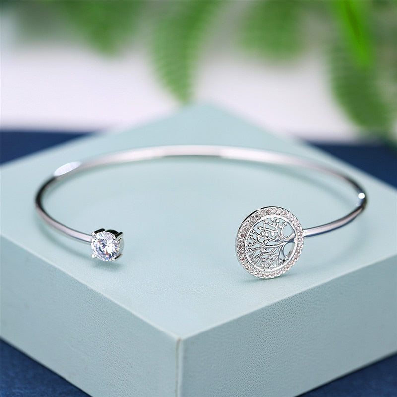 Luxury Female White Zircon Stone Bracelet Tree Of Life Adjustable Bracelets For Women Cute Silver Color Wedding