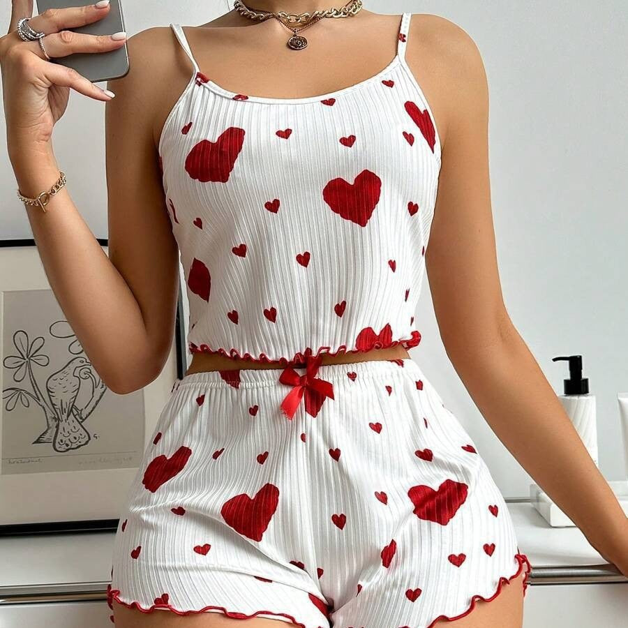 heart print strap nightwear set