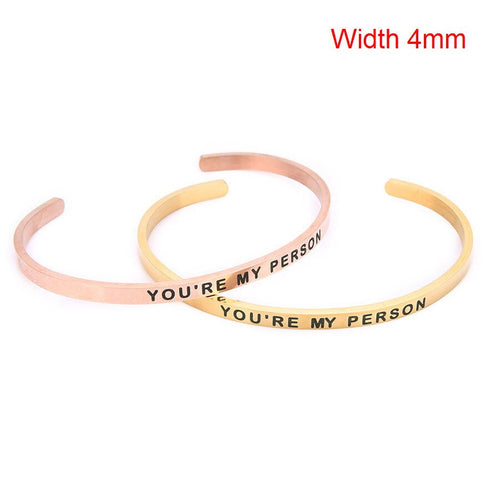 Stainless steel adjustable open cuff bracelet with lettering