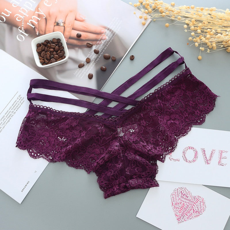 low-rise lace thong with cross straps