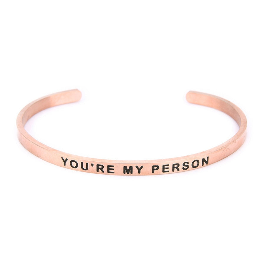 Stainless steel adjustable open cuff bracelet with lettering