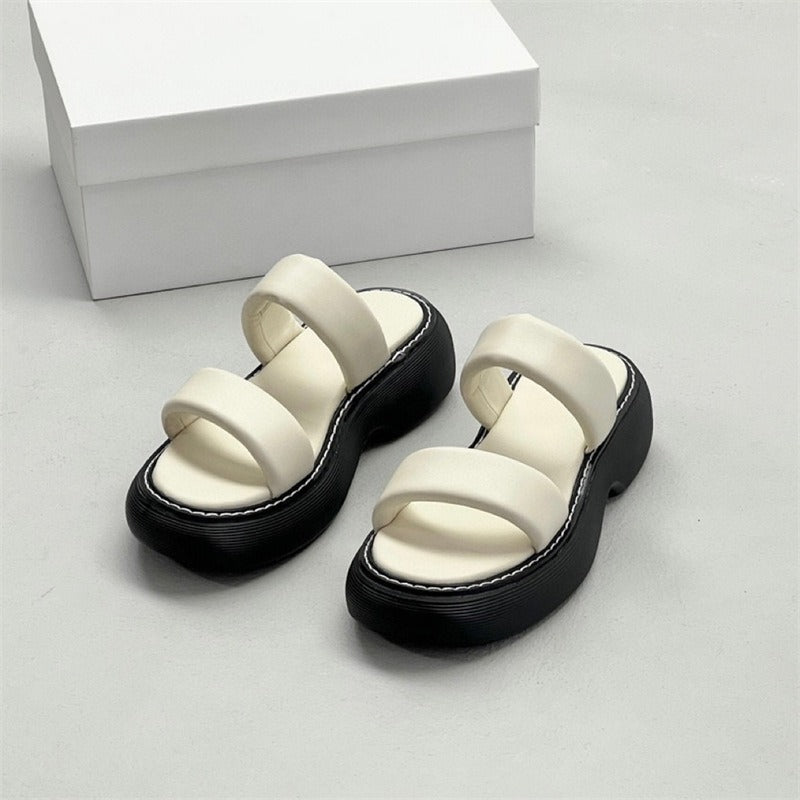 Thick-soled sandals, platform comfortable outer wear, genuine leather strappy for women.