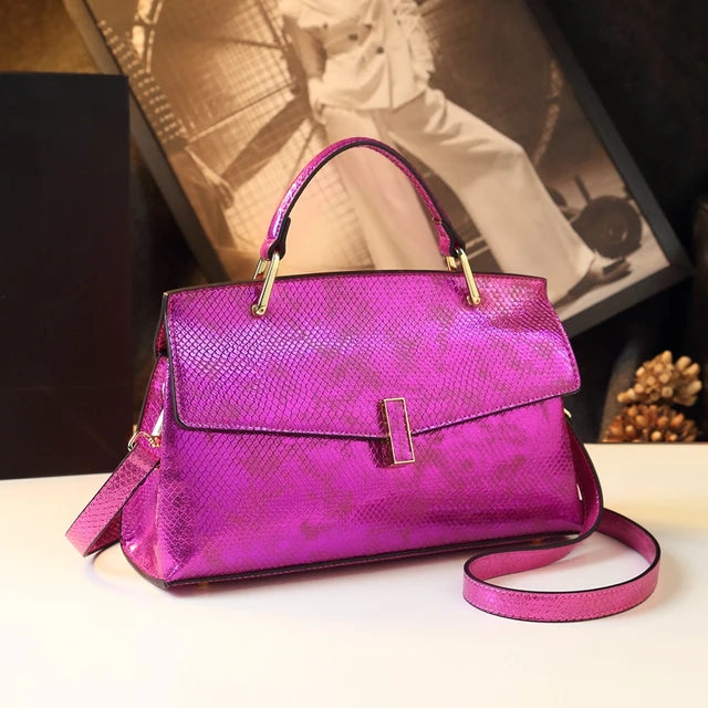 snake print PU top-handle tote bag