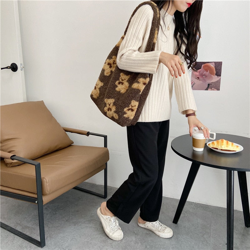 large fluffy canvas tote bag with bear motif