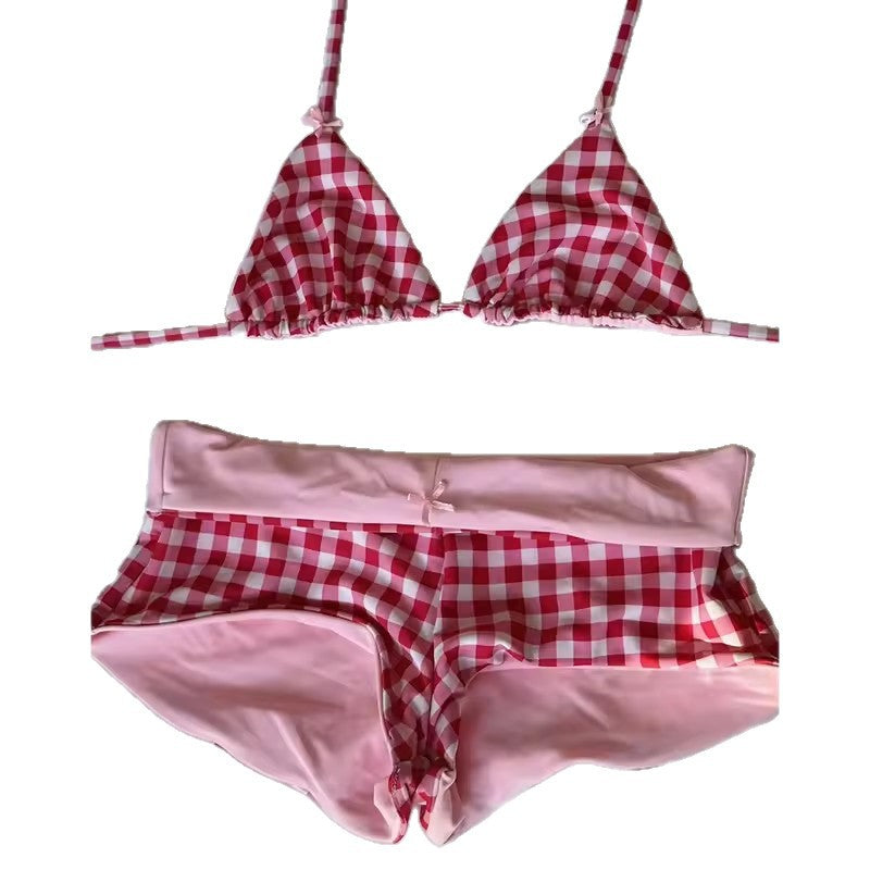 plaid bow two-piece lingerie set