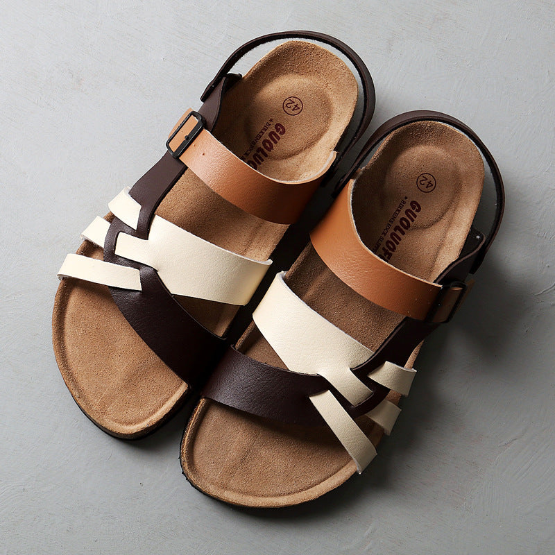 Cork Sandals Men Hollow Two-Way Men Summer Large Size Flat Beach Shoes