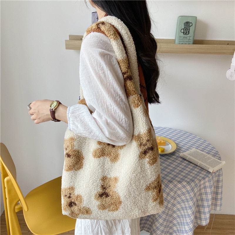 large fluffy canvas tote bag with bear motif