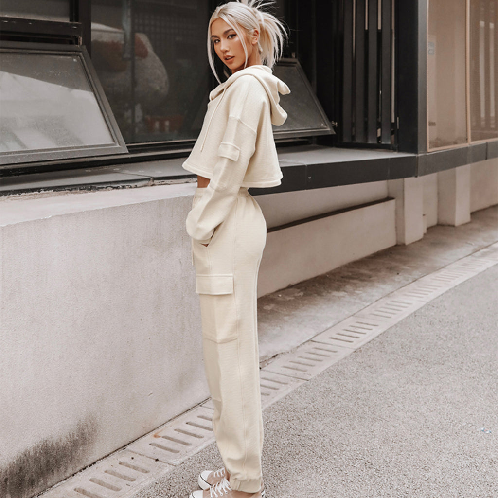 Hooded long-sleeve top with pocket and matching pants
