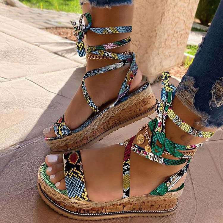Sandals Women's New Thick Bottom Strappy Snake Print Large