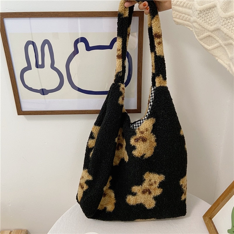 large fluffy canvas tote bag with bear motif