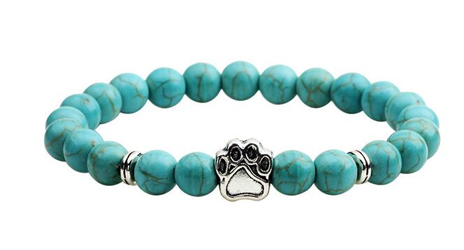Natural stone and lava bead bracelet with paw charm