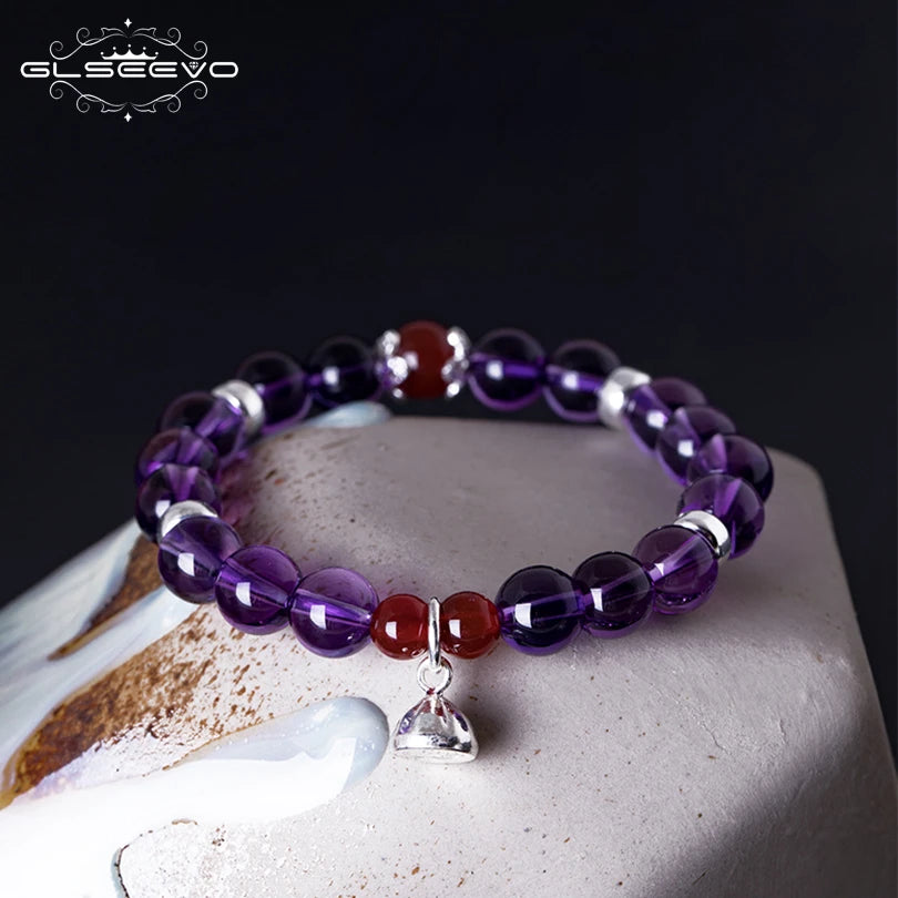 Glseevo 925 Sterling Silver Women Bracelet Natural Stone Amethyst Agate Gift Adjustable Bracelets Luxury Fine Jewellery GB0070