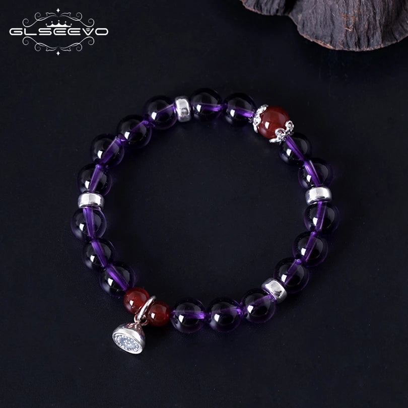 Glseevo 925 Sterling Silver Women Bracelet Natural Stone Amethyst Agate Gift Adjustable Bracelets Luxury Fine Jewellery GB0070