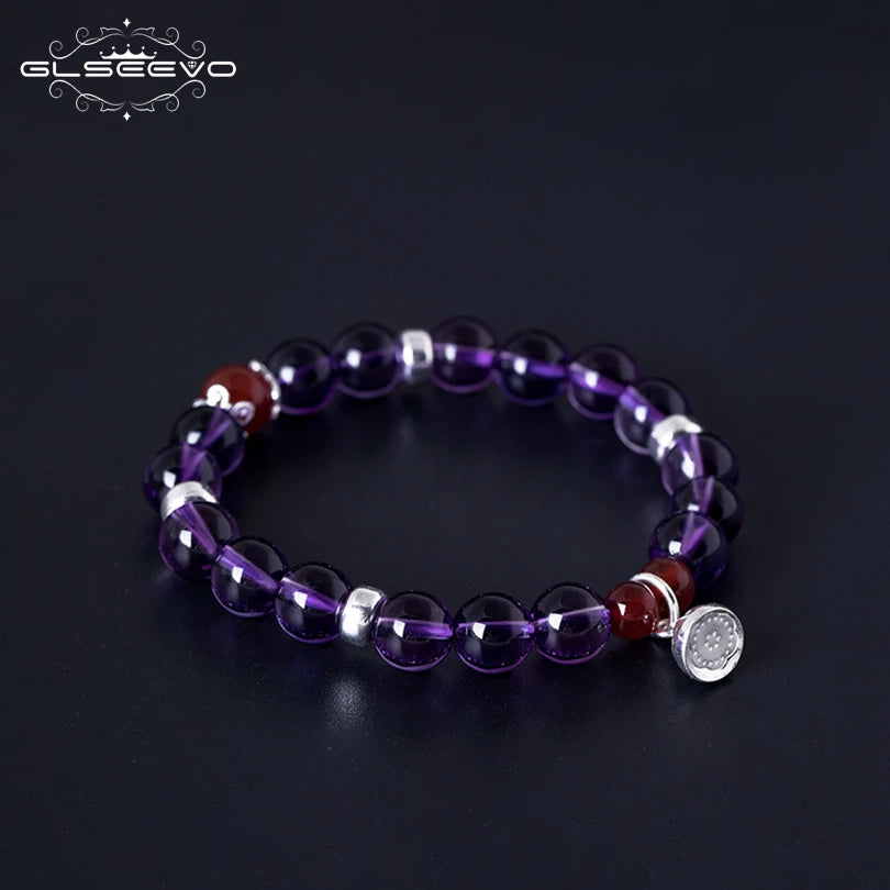 Glseevo 925 Sterling Silver Women Bracelet Natural Stone Amethyst Agate Gift Adjustable Bracelets Luxury Fine Jewellery GB0070