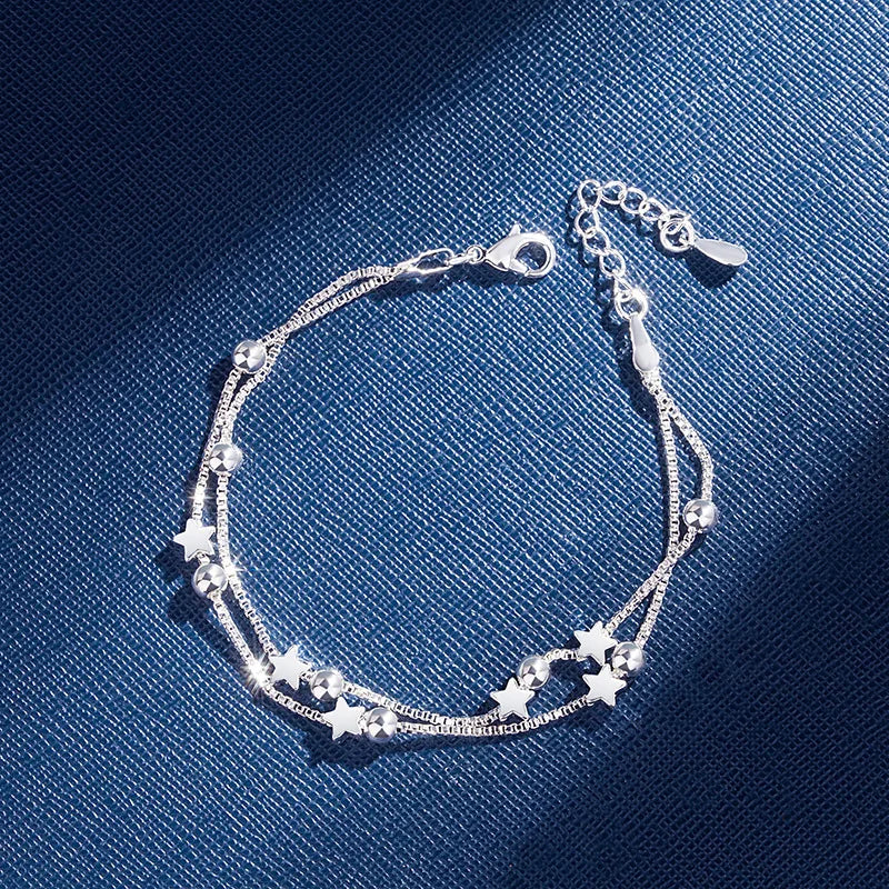 Daiwujan 925 Sterling Silver Double Layers Stars Beads Bracelets For Women Elegant Box Chain Charm Bracelet Birthday Party Gift