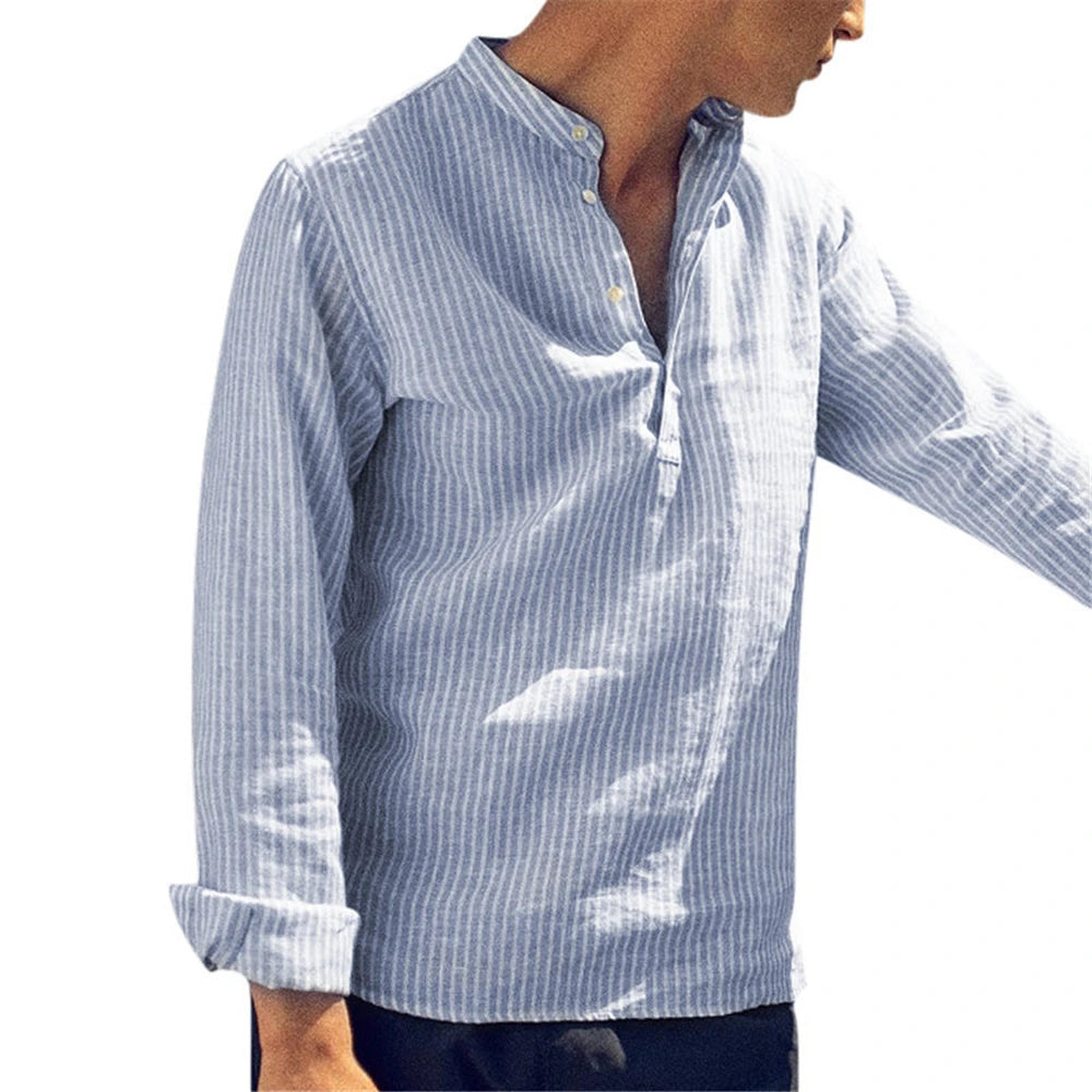 Helisopus Nouvelle mode Printemps Été Chemise décontractée pour hommes Coton Manches longues Rayures Coupe ajustée Col montant Chemises S-5XL