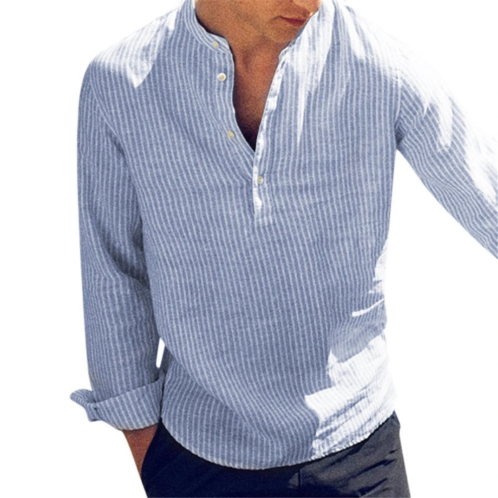 Helisopus Nouvelle mode Printemps Été Chemise décontractée pour hommes Coton Manches longues Rayures Coupe ajustée Col montant Chemises S-5XL