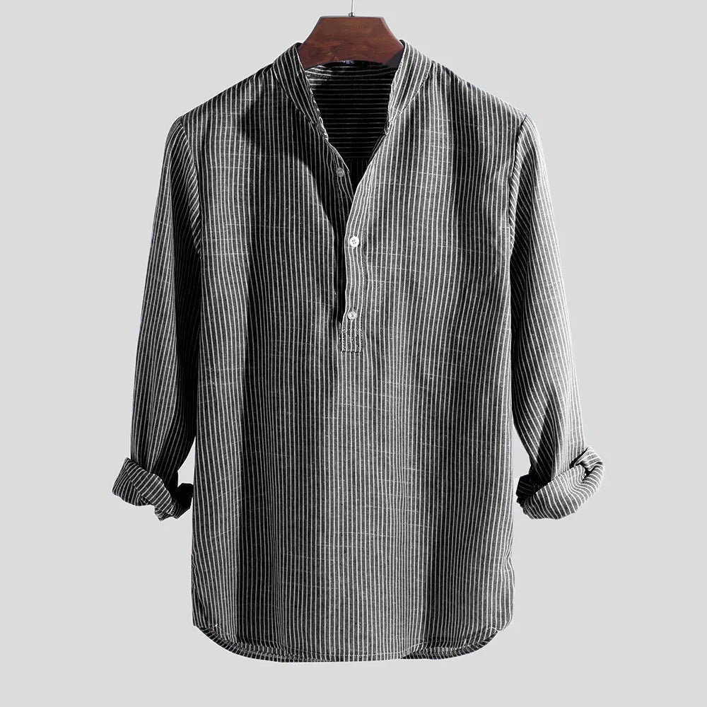 Helisopus Nouvelle mode Printemps Été Chemise décontractée pour hommes Coton Manches longues Rayures Coupe ajustée Col montant Chemises S-5XL