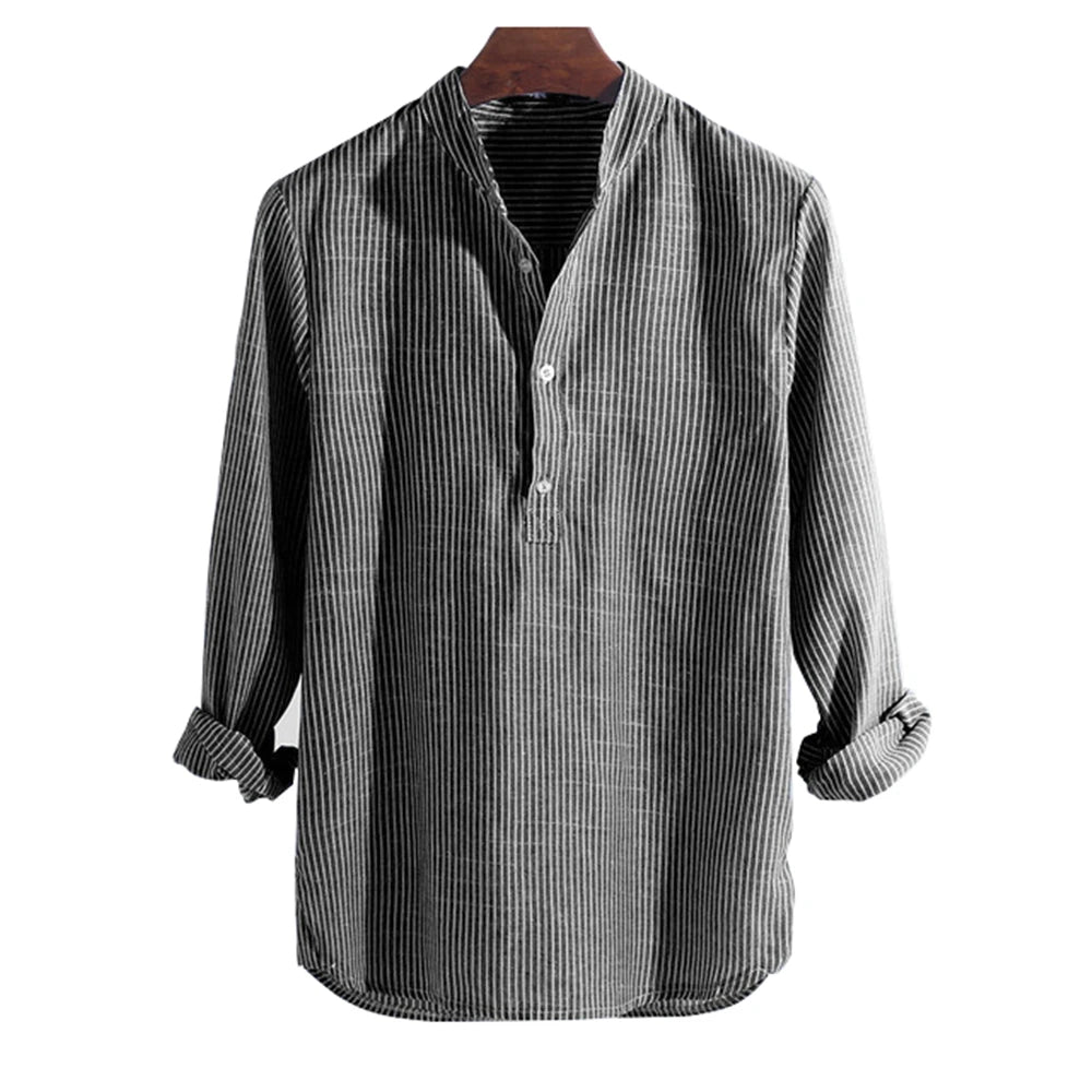 Helisopus Nouvelle mode Printemps Été Chemise décontractée pour hommes Coton Manches longues Rayures Coupe ajustée Col montant Chemises S-5XL