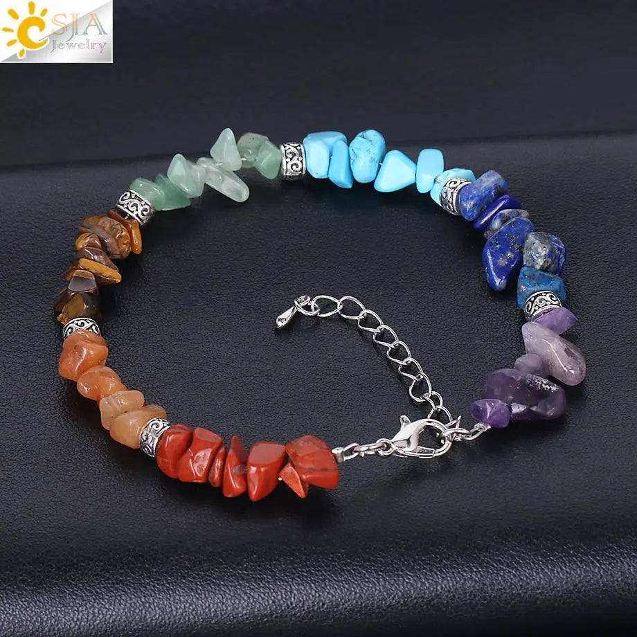 7 Chakra Reiki Women Bracelets Chain Link Lobster Clasp Healing Balance Natural Chip Stone