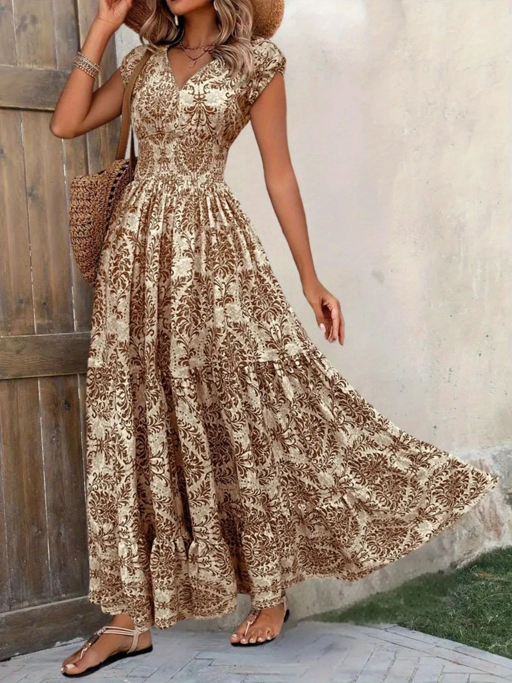 Printed cap sleeve tiered maxi dress