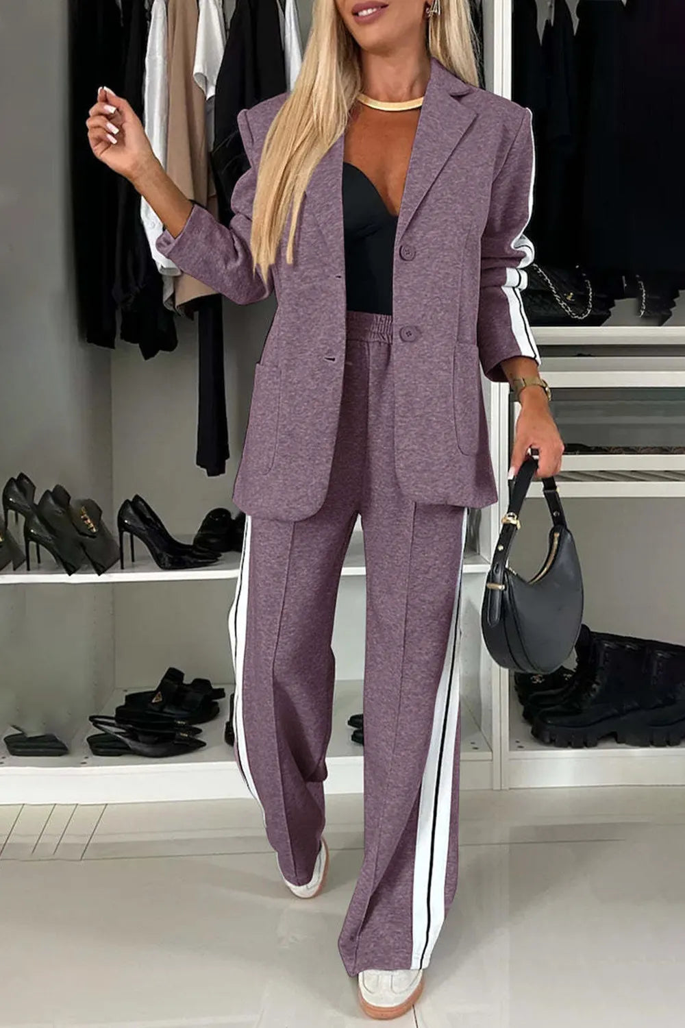 Women's contrast lapel collar top and pants set
