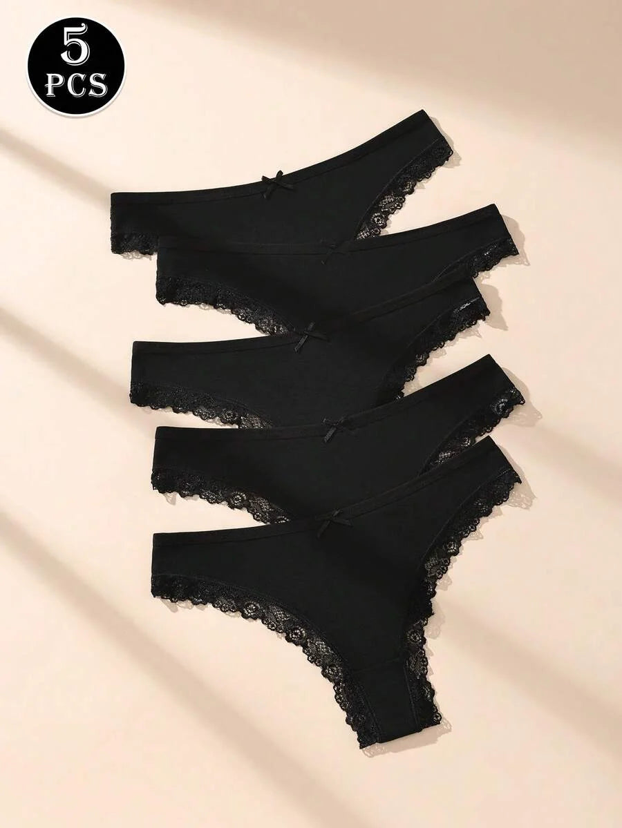 Conjunto De 5 Calcinhas Fio Dental Pretas De Algodão Com Detalhes Em Renda E Laço Delicado. Modelo Minimalista Sem Costura.