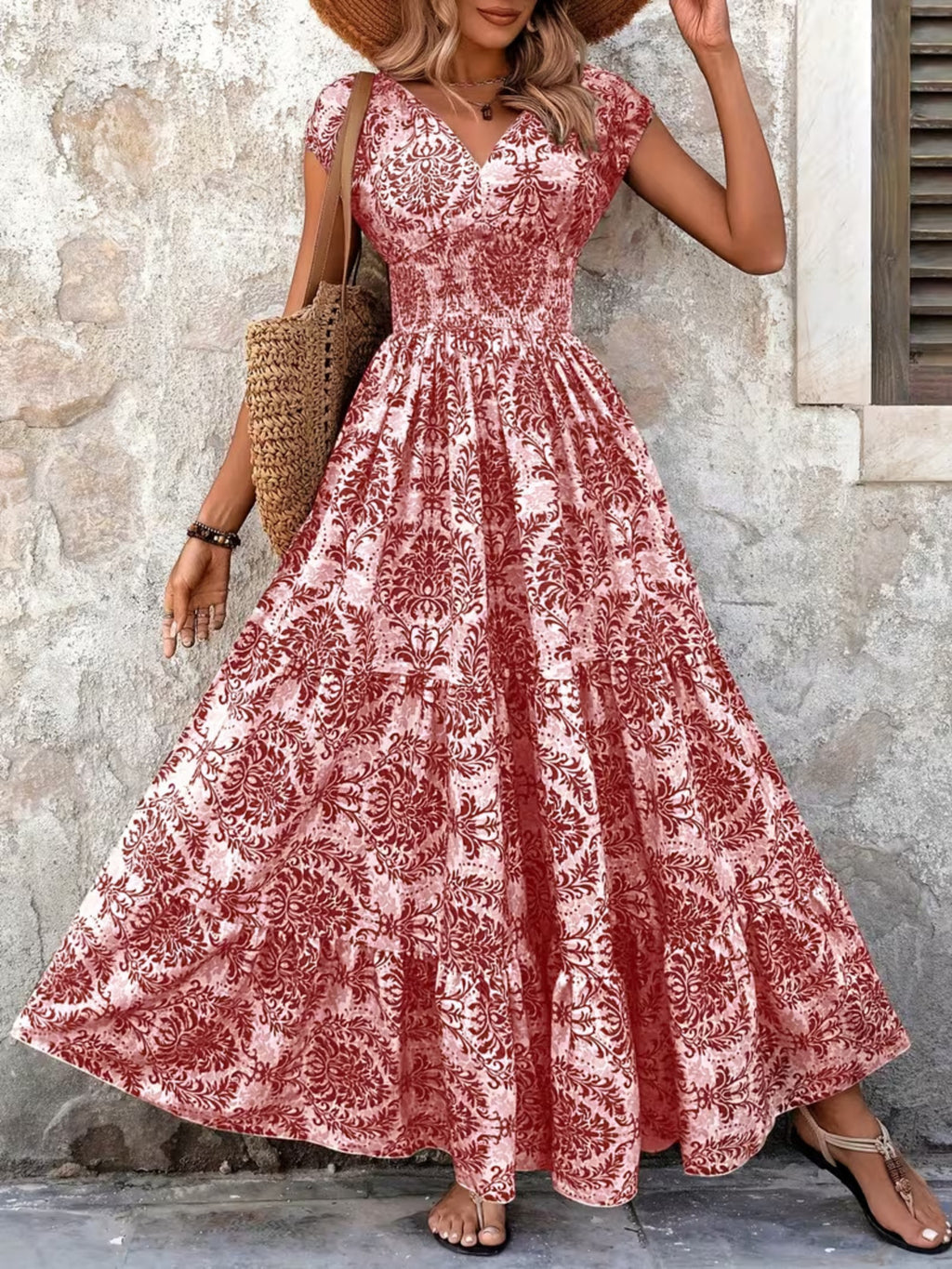 Printed cap sleeve tiered maxi dress